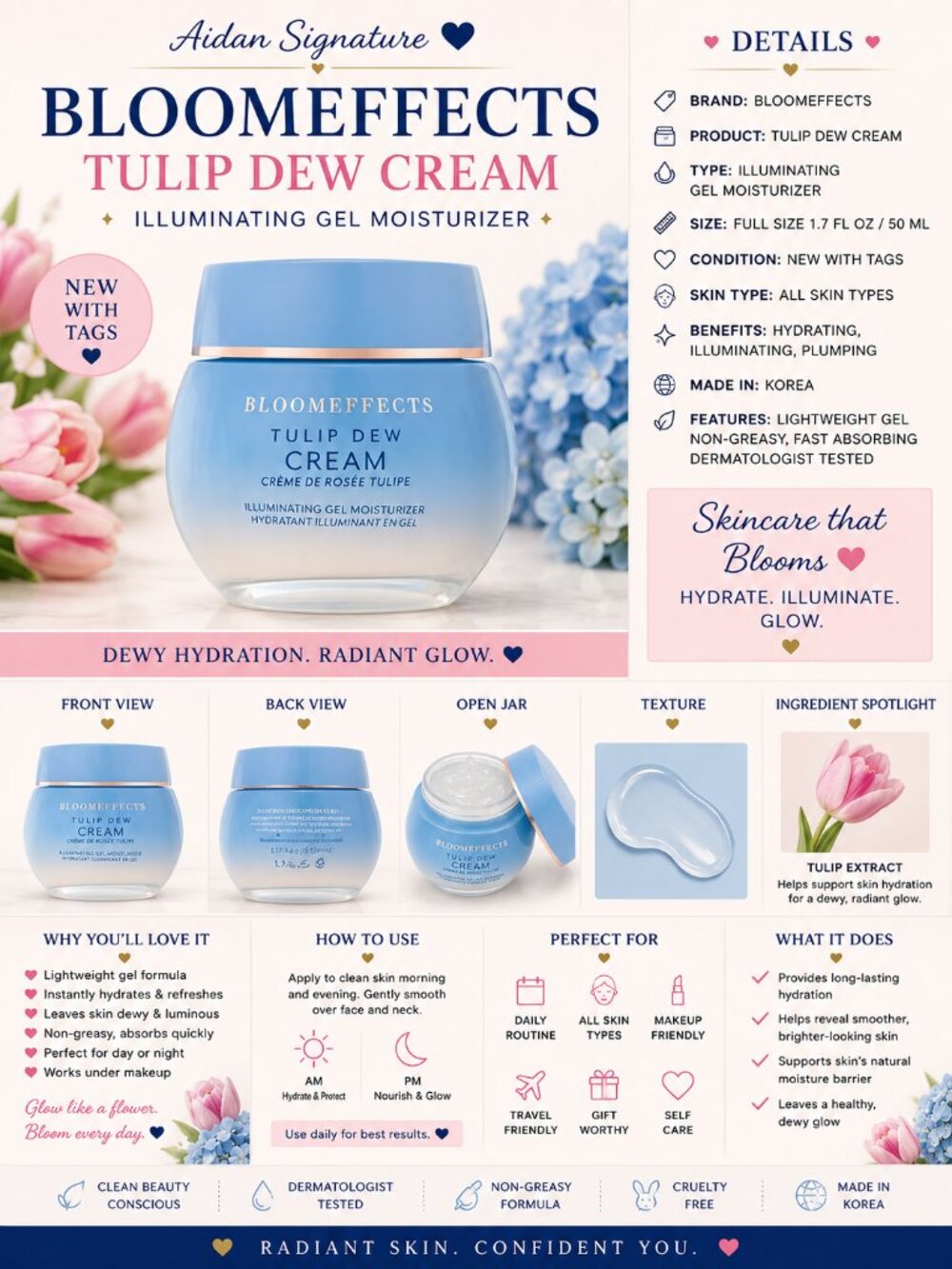 Bloomeffects Tulip Dew Cream Illuminating Gel Moisturizer 1.7 oz / 50 mL NWT - Picture 2 of 5